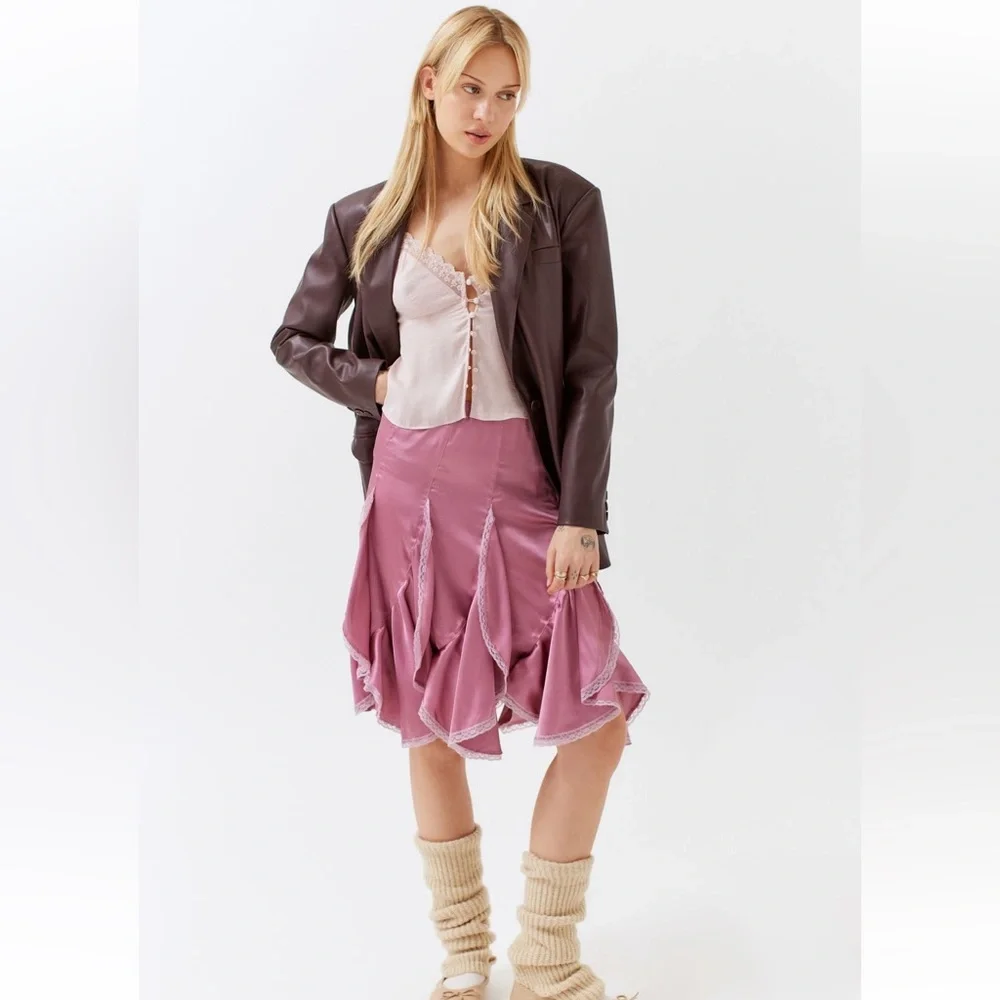 NWT Urban Outfitters Cassie Satin & Lace Ruffle Midi Skirt Mauve - Picture 5 of 8